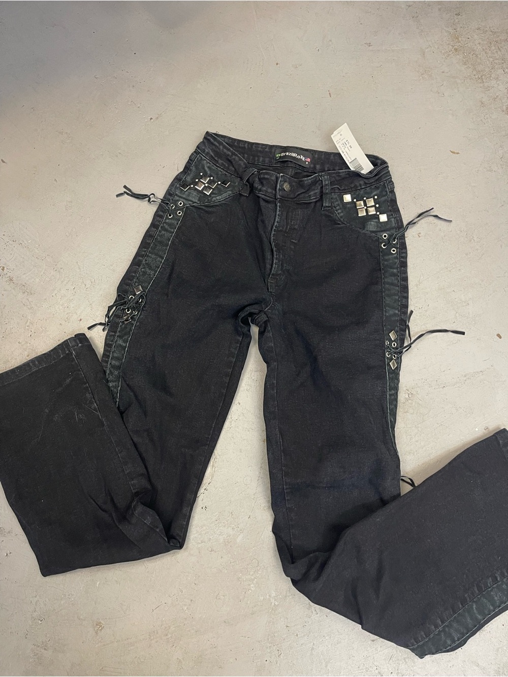 Women’s Straight Leg Jeans with Stud and Lace-Up Detail - Black